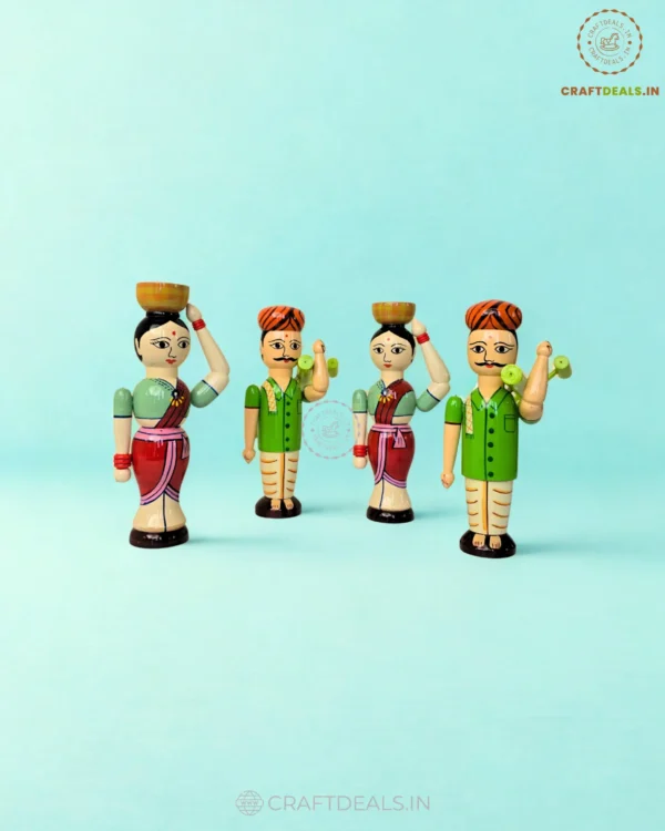 Wooden Village Farmer Dolls Set – Indian Handicraft Toys ("8 inch) - Image 4