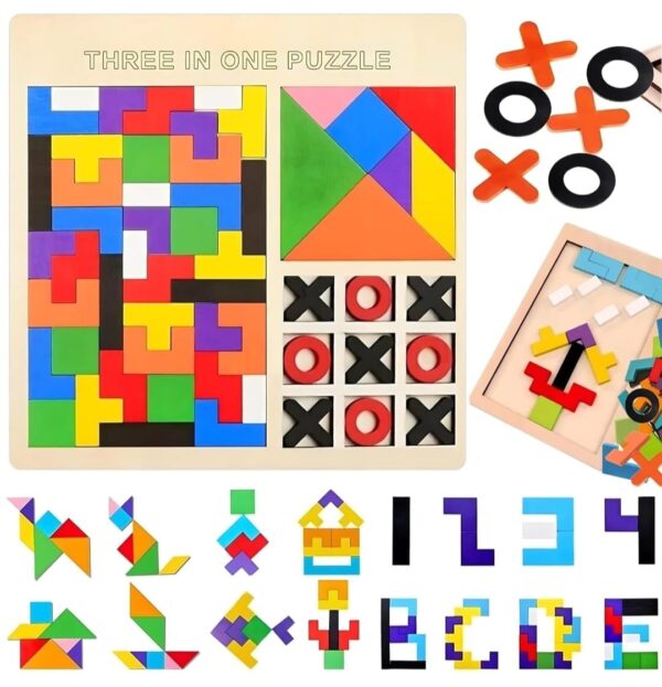 Wooden Puzzle Game 3-in-1 for Kids | Tangram, Tetris & Tic-Tac-Toe Montessori Learning & Brain Development Toy - Image 9