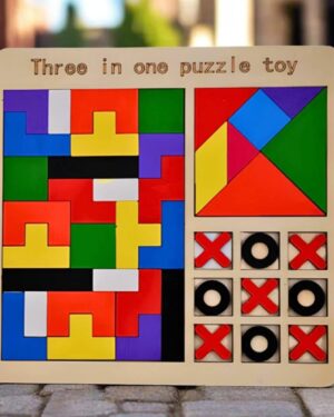 Wooden Puzzle Game 3-in-1 for Kids | Tangram, Tetris & Tic-Tac-Toe Montessori Learning & Brain Development Toy