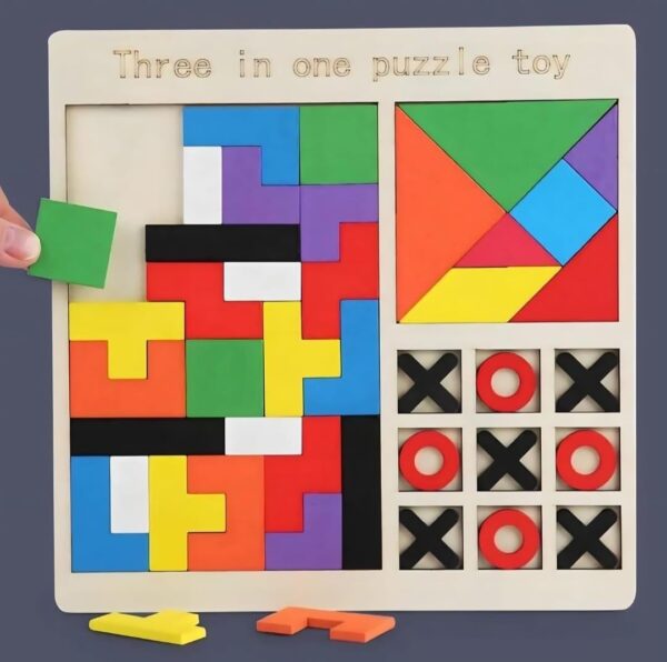 Wooden Puzzle Game 3-in-1 for Kids | Tangram, Tetris & Tic-Tac-Toe Montessori Learning & Brain Development Toy - Image 6
