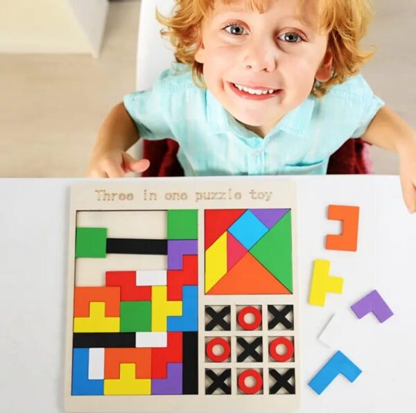 Wooden Puzzle Game 3-in-1 for Kids | Tangram, Tetris & Tic-Tac-Toe Montessori Learning & Brain Development Toy - Image 7