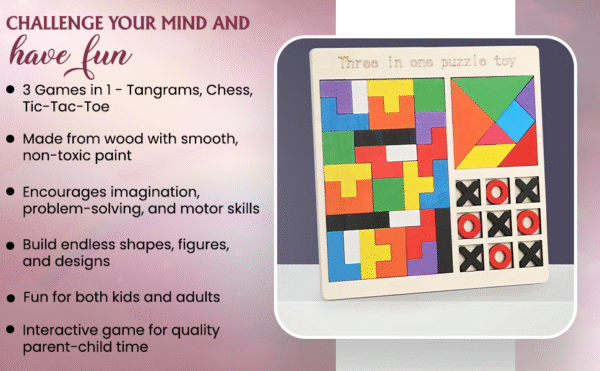 Wooden Puzzle Game 3-in-1 for Kids | Tangram, Tetris & Tic-Tac-Toe Montessori Learning & Brain Development Toy - Image 2