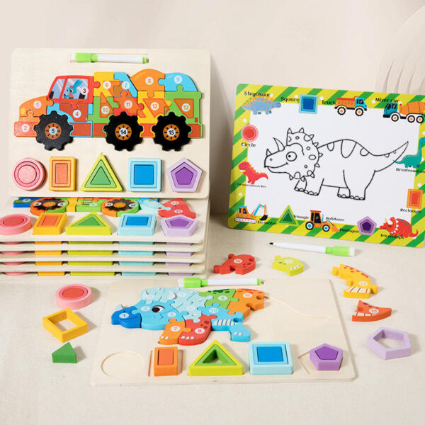 Wooden Puzzle for Kids – Montessori Educational Board with Numbers, Shapes, Dinosaurs/Trucks - Image 11
