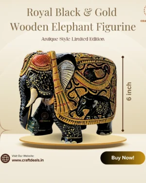 Royal Black & Gold Wooden Elephant Figurine