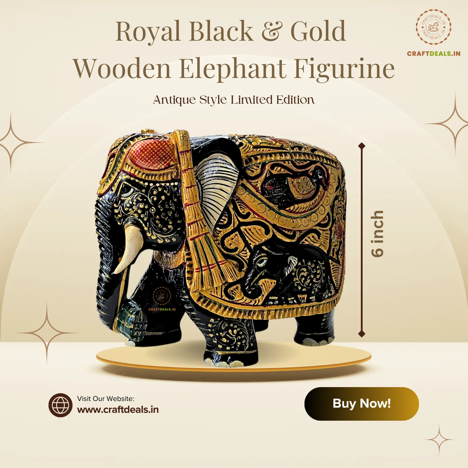 Royal Black & Gold Wooden Elephant Figurine