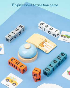 Spelling puzzle game with word matching blocks and flashcards for kids