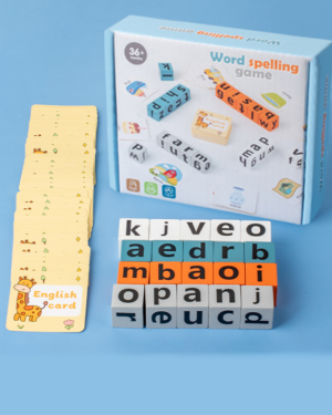 Spelling puzzle game with word matching blocks and flashcards for kids