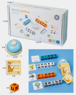 Spelling puzzle game with word matching blocks and flashcards for kids