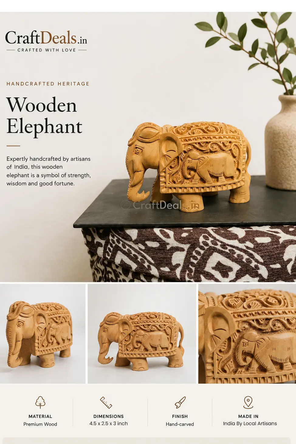 Hand Carved Wooden Elephant Showpiece for Home Decor