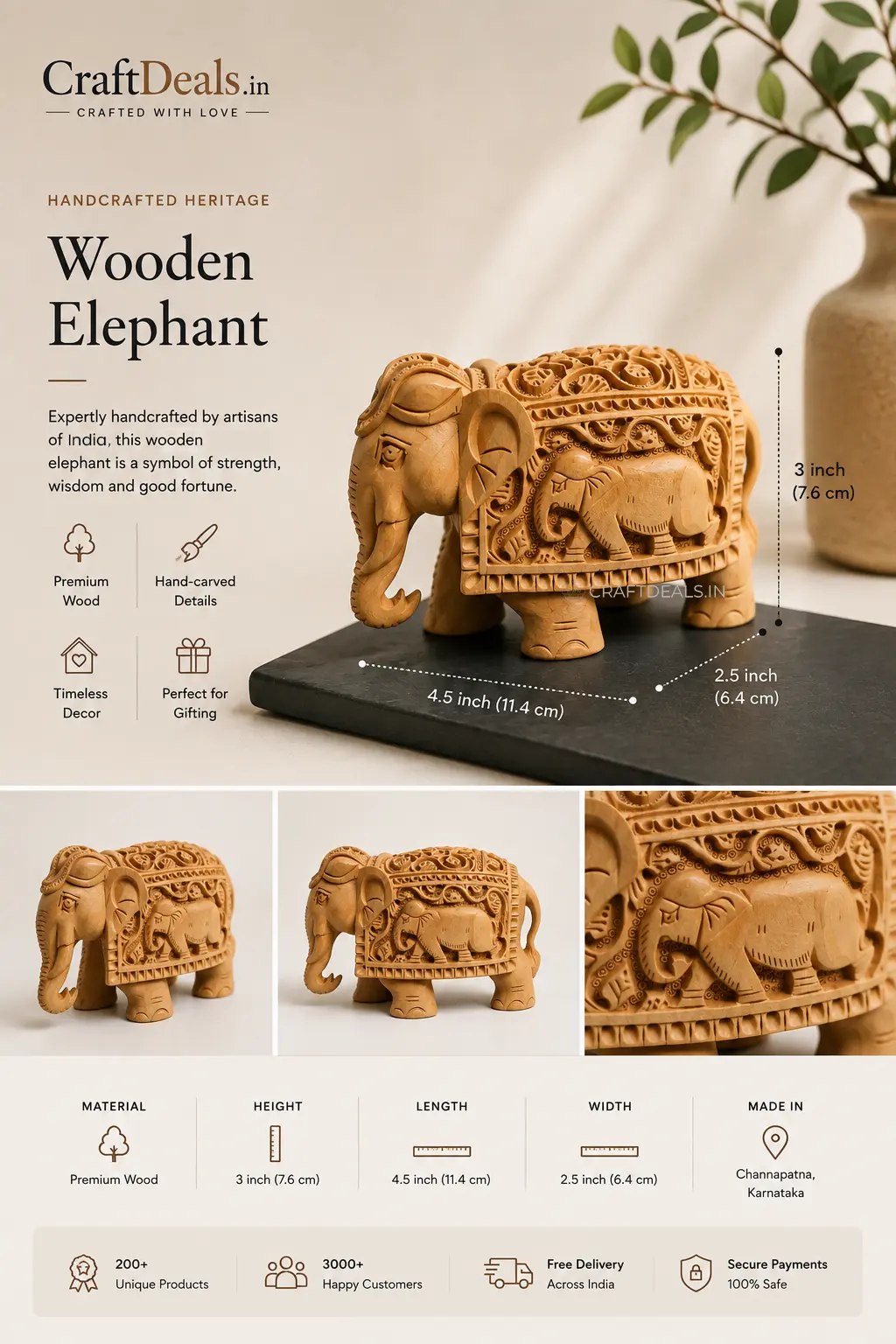 Hand Carved Wooden Elephant Showpiece for Home Decor - Image 2