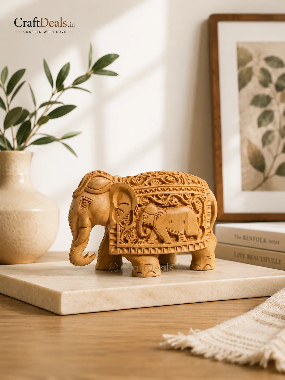 Hand Carved Wooden Elephant Showpiece for Home Decor