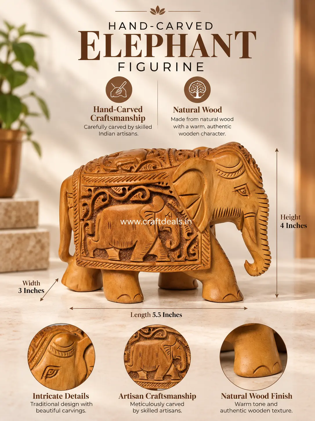Wooden Elephant Figurine for Home Decor – 4 Inch - Image 2