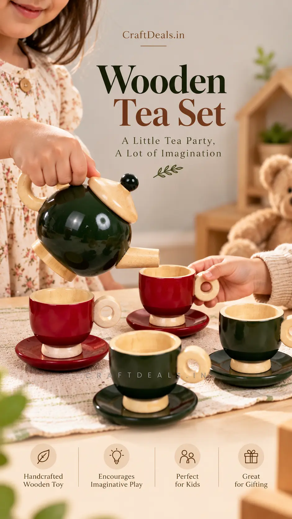 Wooden Tea Set for Kids – Handcrafted Pretend Play Tea Party Toy - Image 3