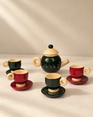 Wooden Tea Set for Kids in Red and Green with Teapot, 4 Cups and 4 Saucers – CraftDeals.in