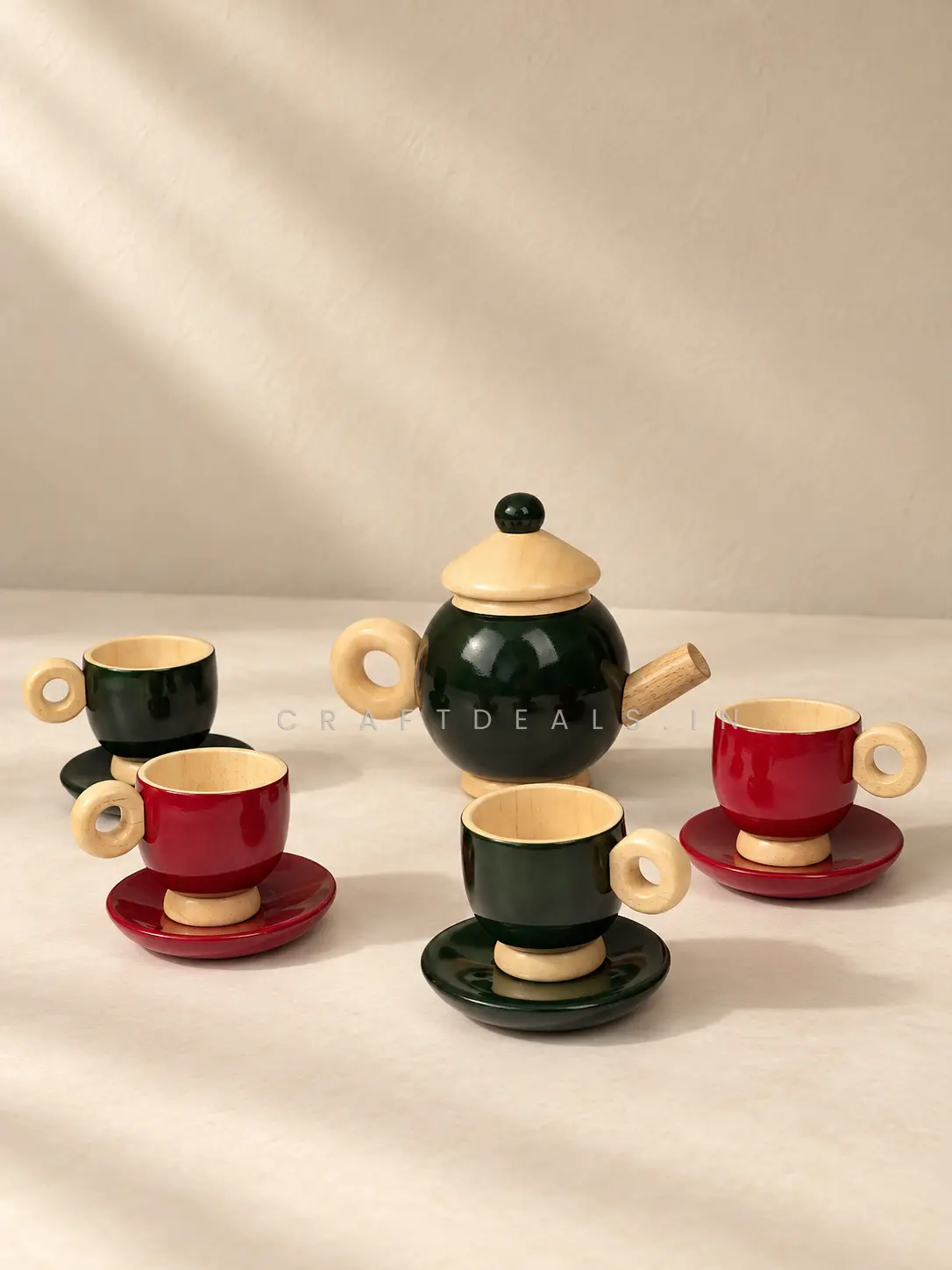 Wooden Tea Set for Kids in Red and Green with Teapot, 4 Cups and 4 Saucers – CraftDeals.in