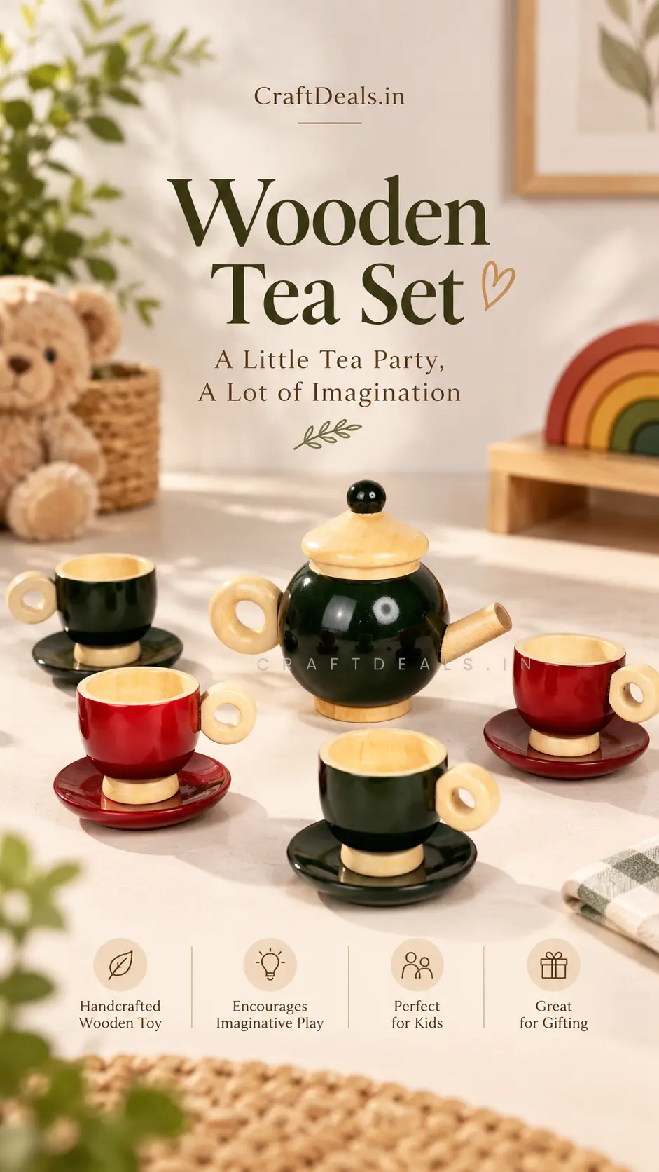 Wooden Tea Set for Kids – Handcrafted Pretend Play Tea Party Toy - Image 8