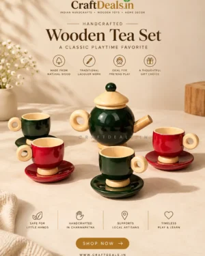 Wooden Tea Set for Kids in Red and Green with Teapot, 4 Cups and 4 Saucers – CraftDeals.in