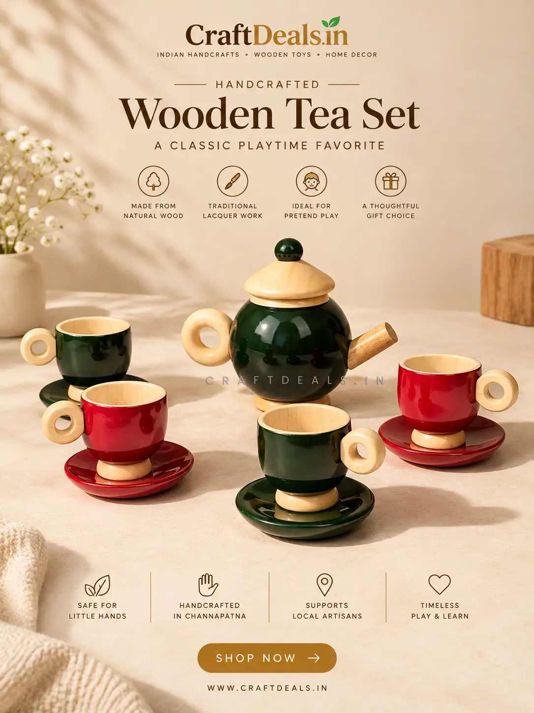 Wooden Tea Set for Kids in Red and Green with Teapot, 4 Cups and 4 Saucers – CraftDeals.in